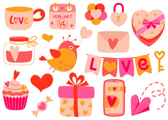 Fototapeta premium Cute valentine's day sticker set. A collection of romantic valentine's day elements. Flat vector illustrations on white background.