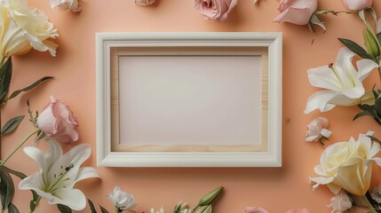 A blank white picture frame with wooden inlays in the middle surrounded by roses and lilies