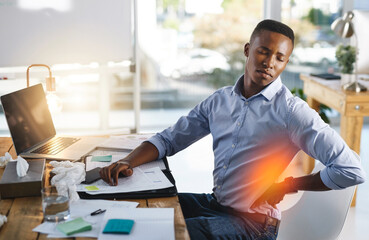 Business, hurt and black man with back pain, stress or muscle injury emergency with bad posture....