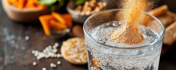 A closeup of a prebiotic powder being mixed into a glass of water, with healthy snacks in the background