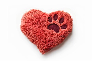 Dog paw print on a red heart shape on a white background