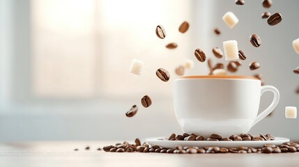 A floating coffee scene with beans and sugar cubes.