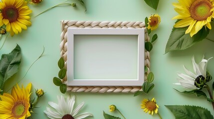 A blank white picture frame with woven rattan border centered encircled by lilies and sunflowers