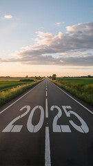 Straight road marked with 2025 stretches toward a serene, cloud dotted horizon Vertical Mobile Wallpaper