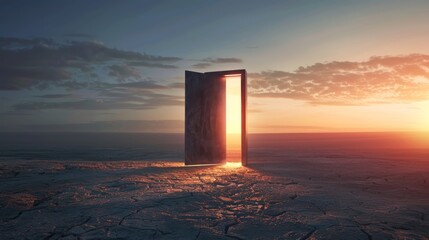 a high-definition image of a modern steel door in a barren desert slightly ajar with a warm