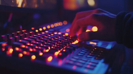 Close-up of hands using a backlit keyboard in a dimly lit room.