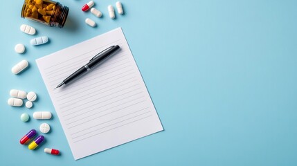 A notepad and pen surrounded by various medications.