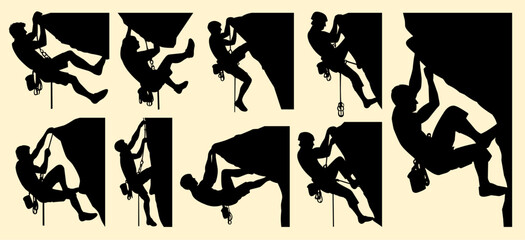 Silhouette set Rock climbers in various stages of ascent, showcasing the dynamic nature of the sport and the diverse challenges climbers face.