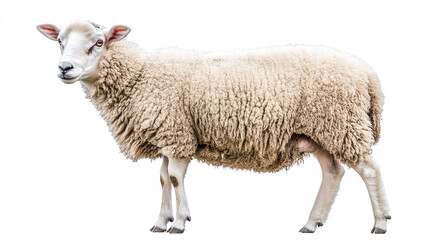 Obraz premium Side view full body length portrait of sheep animal isolated on white background. rural countryside nature domestic livestock herbivore cattle with fluffy wool fur.
