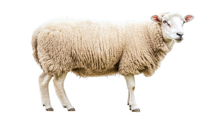 Fototapeta premium Side view full body length portrait of sheep animal isolated on white background. rural countryside nature domestic livestock herbivore cattle with fluffy wool fur.