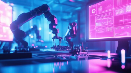 A dynamic low-angle perspective of a futuristic production line, two synchronized robotic arms assembling parts for an autonomous drone, surrounded by holographic interface displays and digital readou