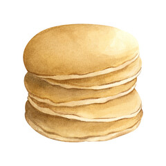 Pancakes isolated illustration in realistic style. Hand drawn watercolor baked stack of crepes. For logo bakery, Fat Tuesday, Pancake Day and Week, Mardi Gras, Shrovetide,  Maslenitsa, carnival. 