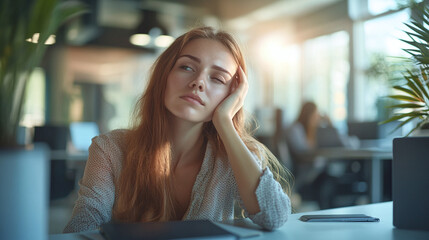 Young businesswoman suffering from hot summer temperature heat, sitting in office interior indoors at desk or table, sweating on the job, air cooler technology system.