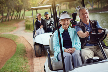 Naklejka premium Couple, smile and drive golf cart for fun, sports and recreation with weekend, bonding and path. Senior people, happy and outdoor on course for game, practice and club competition with retirement