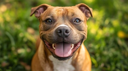 Happy brown Pit Bull Terrier dog smiling outdoors in green grass.
