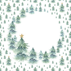 Christmas spruces snow-covered with golden star. Hand drawn watercolor fir trees illustration, square frame, greeting card template isolated from background with copy space for text for New year.