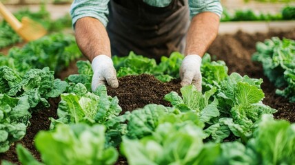 Fototapeta premium A farmer spreading compost on a garden bed, showcasing the benefits of recycling food waste