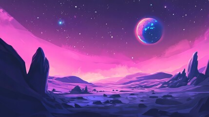 Obraz premium Alien planet fantasy landscape space background. sci-fi horizontal poster. science fiction digital raster bitmap illustration. horizontal format wallpaper. ai artwork. space background. 