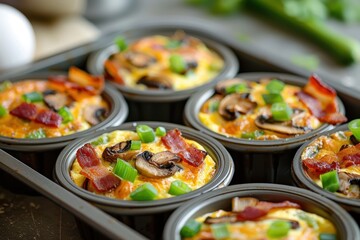 Fototapeta premium Egg muffins cooked in muffin tin with bacon mushrooms peppers