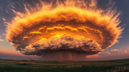 A dynamic scene of towering cumulus clouds dramatically illuminated by the setting sun, with rays of light piercing through, creating a heavenly ambiance