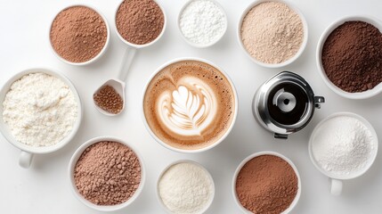 A variety of powders surrounding a coffee cup with latte art.