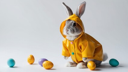 Adorable easter bunny in yellow raincoat background
