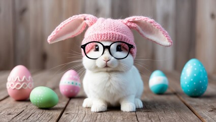 Adorable easter bunny wearing pink hat and glasses