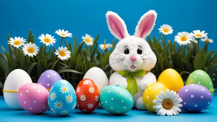 Obraz premium Adorable easter bunny with colorful eggs display