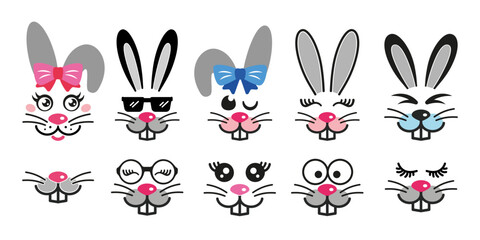 Obraz premium Set of cute rabbit face designs. Funny Easter bunny for kids. Isolated vector illustration in flat style