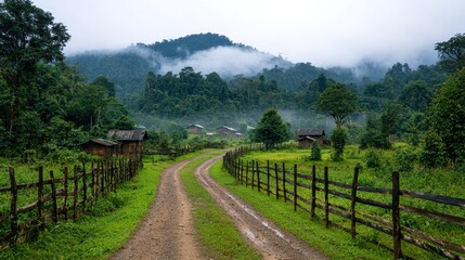 Serene Rural Pathway Through Lush Green Hills and Foggy Forest