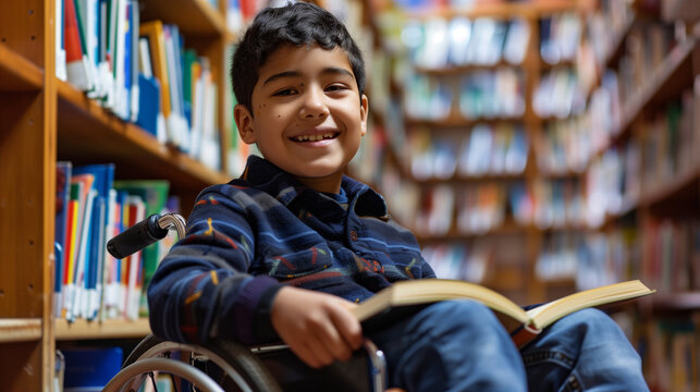 Inclusive image of a happy mixed race school pupil reading a library book. Smiling disabled african american boy sitting in a wheelchair. Disability inclusion in education	
