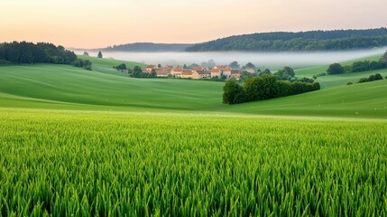 Serene Green Fields with Village and Misty Hills at Dawn