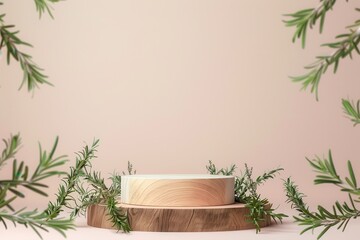 Empty wooden podium adorned with rosemary branches on a pastel background made of natural materials for product presentation