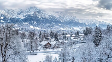 Serene Winter Landscape with Snow-Covered Trees and Mountains
