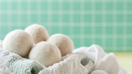 Closeup of wool dryer balls on a pile of freshly washed laundry, symbolizing ecofriendly drying solutions