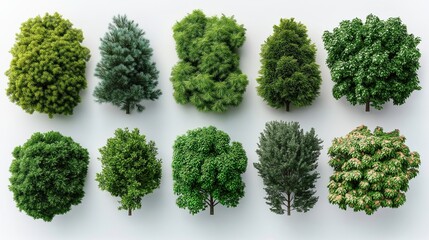 Top view illustration of diverse trees, shrubs suitable for floor plans. Variety of foliage designs for landscaping. Detailed entourage design for outdoor spaces. Ideas for architectural landscaping.