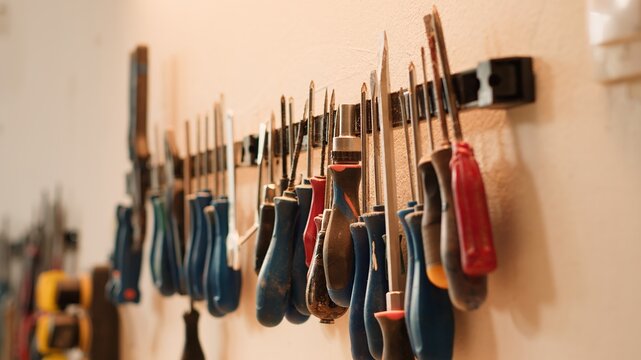 Chisels, screwdrivers, wrench and pliers on wall in carpentry studio, panning shot. Close up of various woodworking tools on rack in workshop used for repairing or creating wooden objects
