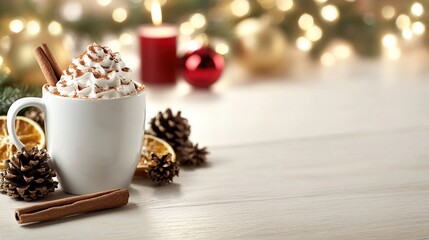 Cozy holiday drink with whipped cream, cinnamon, and decorations.