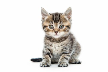 European Shorthair kitten sitting and gazing at camera white background 2 5 months