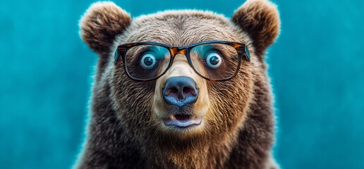 Surprised bear wearing glasses against a blue background.