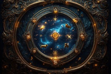 Fototapeta premium Celestial zodiac wheel floats in cosmic nebula. Constellation animals glow with stardust. Golden symbols emerge from cosmic swirls. Ornate golden frame surrounds wheel. Astrology celestial design.