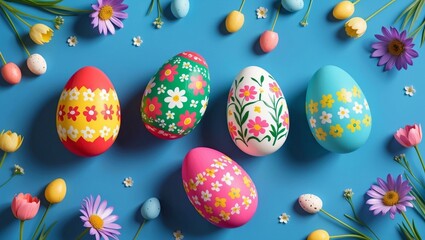 Fototapeta premium Colorful painted easter eggs and flowers display