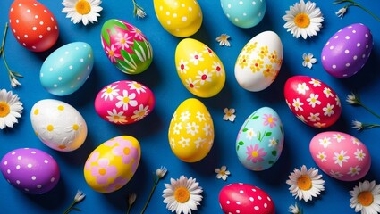 Colorful painted easter eggs with flowers on blue
