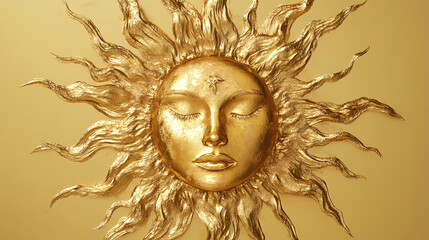 Golden metallic sun with face, isolated vintage luxury bohemian decorative star ornament. Alchemy. Illustration