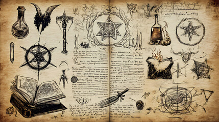 Hand drawn halloween illustration of old page with wicca and mystic symbols from witch magic spell book. gothic, occult and esoteric background. Alchemy. Illustration