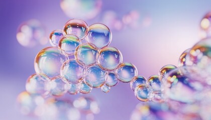 Mesmerizing 3D close-up render of multicolored soap bubbles with rainbow reflections and soft gradient background