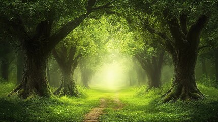 Naklejka premium Dark Moody Forest Path Surrounded by Lush Green Trees