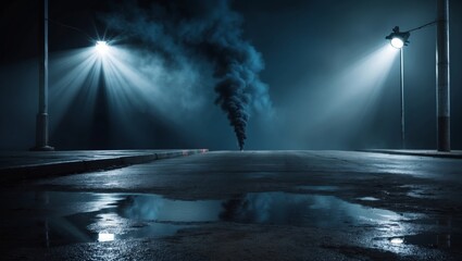 Dark street with neon reflections and smoke