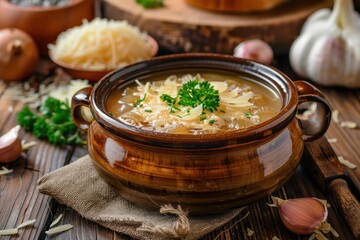 French onion soup served in brown bowl on rustic wooden table with ingredients