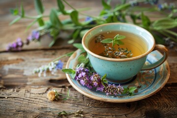 Fresh herbal tea on wooden table with selective focus horizontal